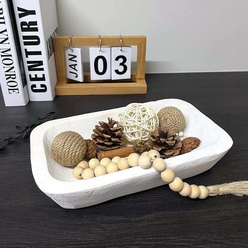 linsuo Wooden Dough Bowl Decor, Vintage Wooden Bowl Hand Carved Home Decor for Dining Table Center, Living Room, Kitchen Decor. (10inch white) - Image 1